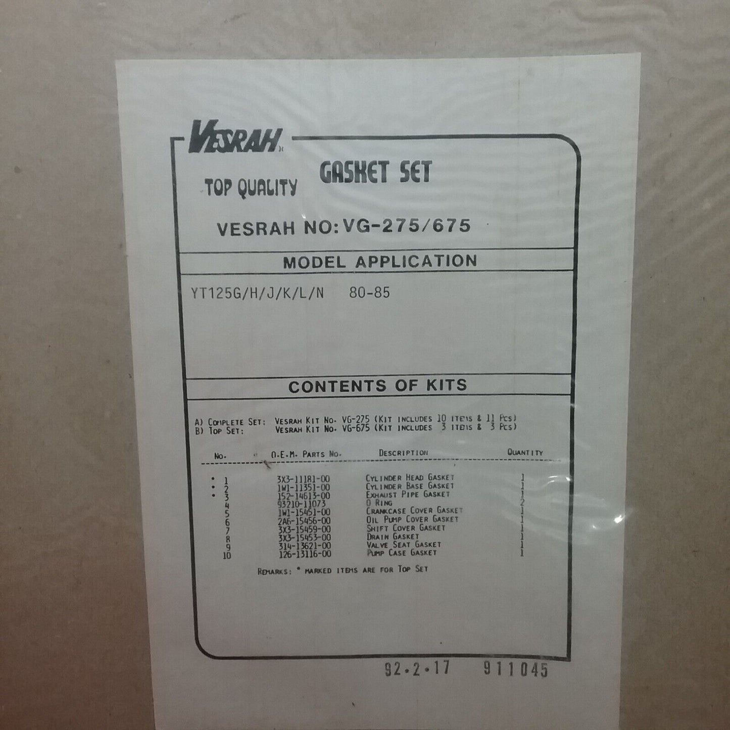 NEW VESRAH VG-275 COMPLETE GASKET KIT YAMAHAT YT125
