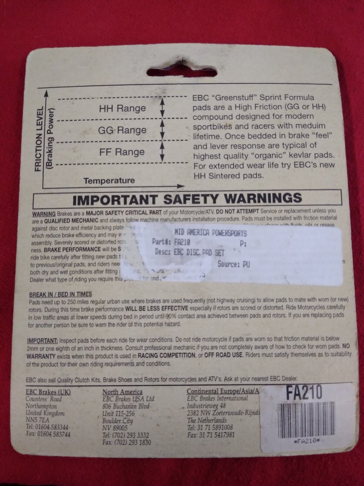 NEW EBC Brake Pads- FA210 - Hi-Kevlar Sprint Formula Made with Dupont Kevlar