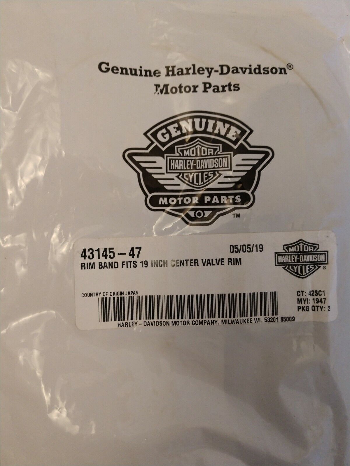 Lot of 2 NEW HARLEY DAVIDSON Rim Band Fits 19" Center Valve Rim / 43145-47