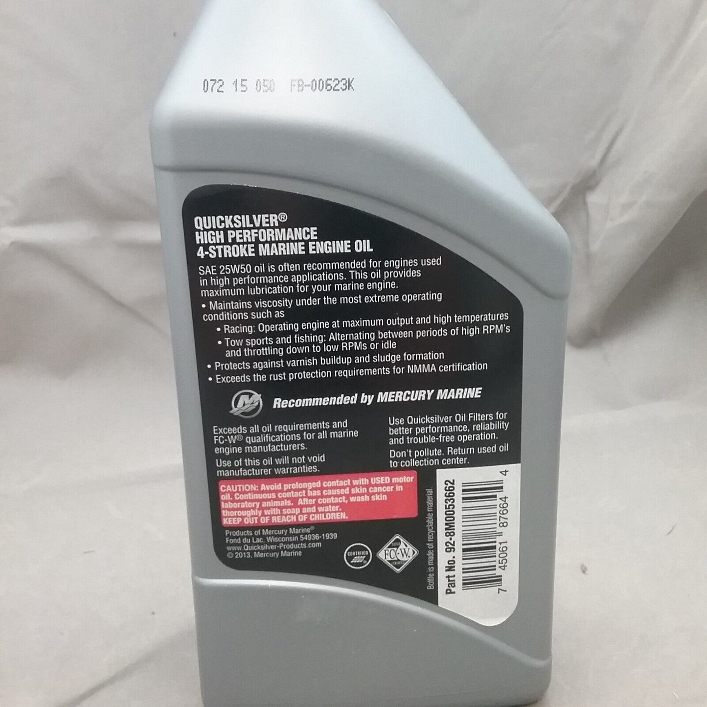 NEW QUICKSILVER 92-8M0053662 25W-50 SYNTHETIC BLEND 4-STROKE OIL ONE QUART