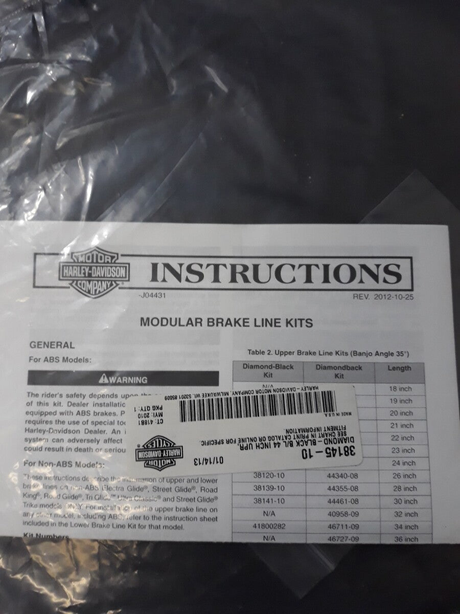 NEW Harley Davidson 38145-10 44" Diamond Upper Modular Brake Line Kit