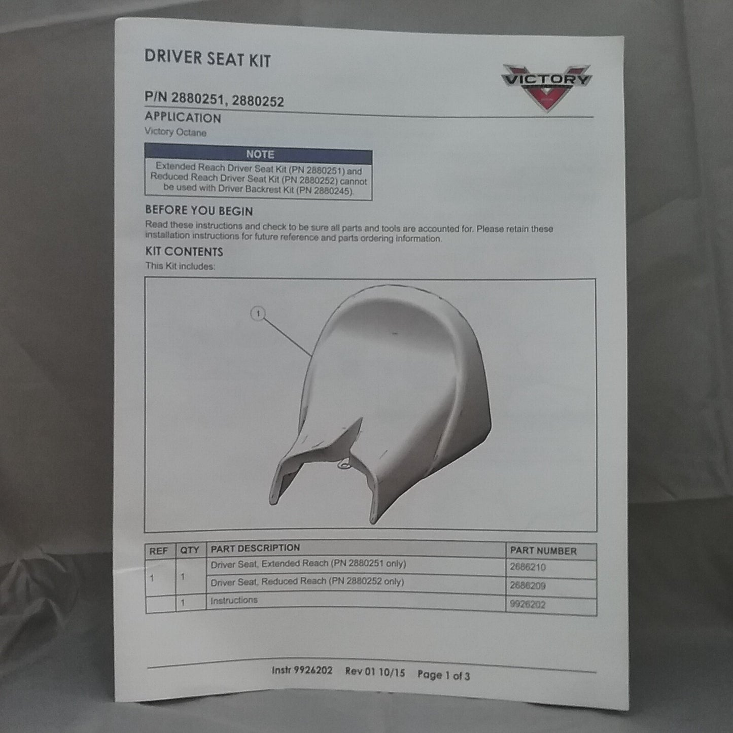 NEW Victory Motorcycle Reduced Reach Seat, Octane, BLACK 2880252