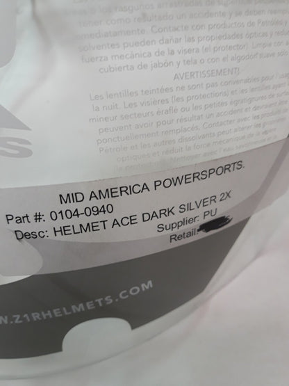 NEW Z1R Motorcycle Helmet Face Shield Ace Dark Silver XXLarge Part# 0104-0940