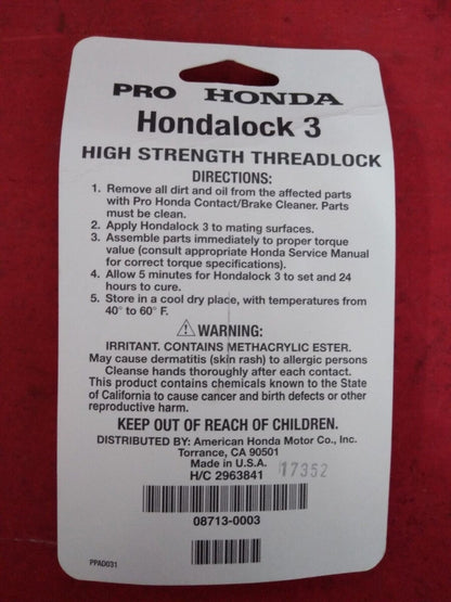 NEW PRO HONDA Hondalock 3 High Strength Threadlock P/N 17352