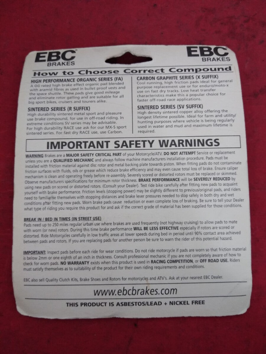 NEW EBC Motorcycle Brake Pads FA 245 HONDA KAWASAKI SUZUKI VT ZX GSXR