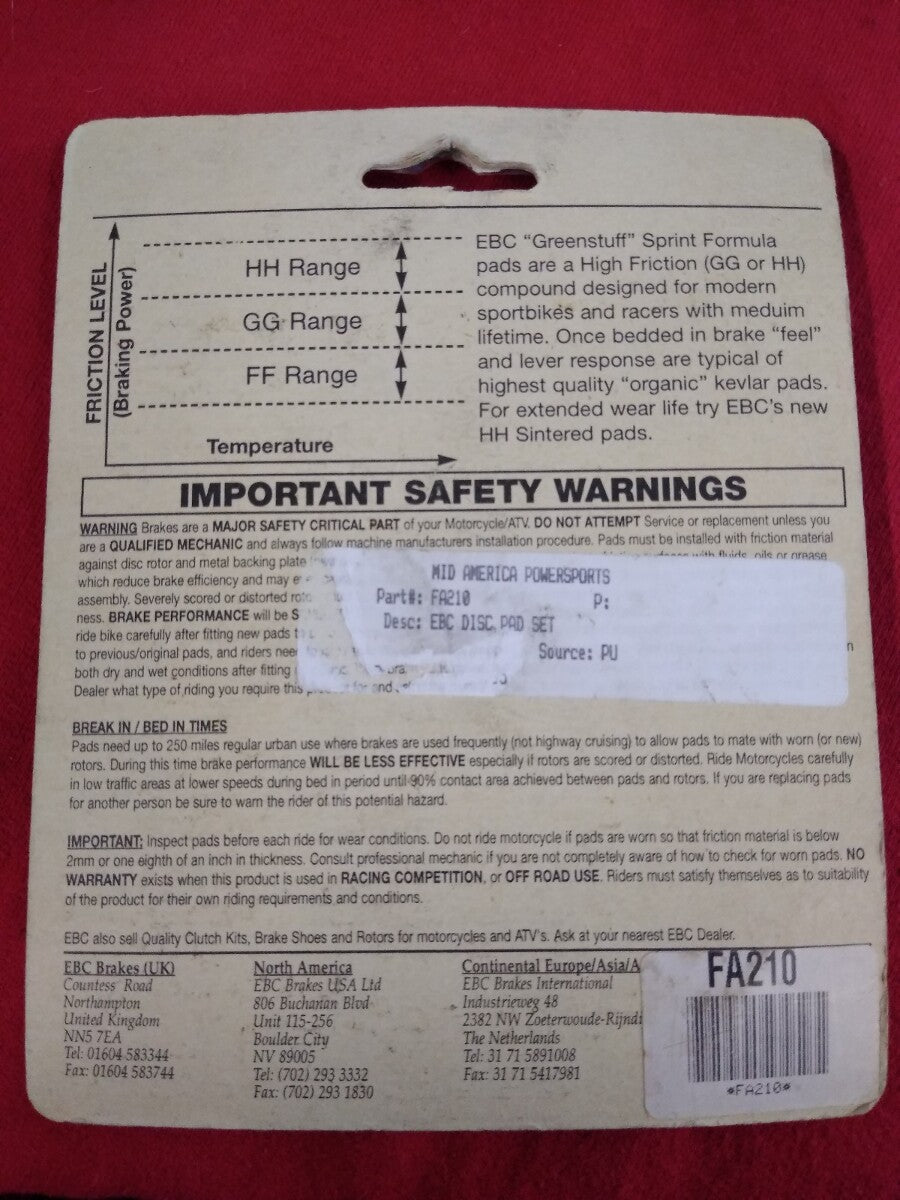NEW EBC Brake Pads- FA210 - Hi-Kevlar Sprint Formula Made with Dupont Kevlar