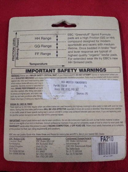 NEW EBC Brake Pads- FA210 - Hi-Kevlar Sprint Formula Made with Dupont Kevlar