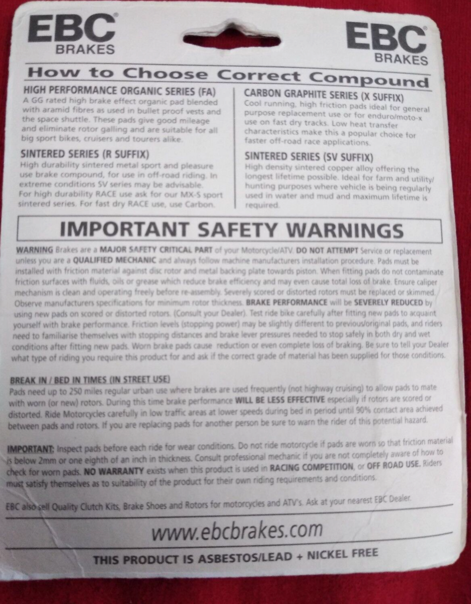 NEW EBC FA121 Brake Pads 2 Sets Honda CBR