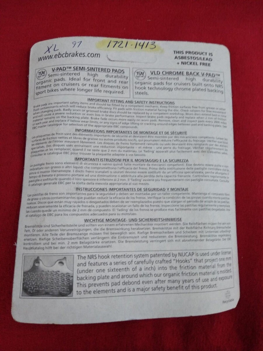 NEW EBC V-Pad Semi Sintered Brake Pads FA200V / 1721-1413
