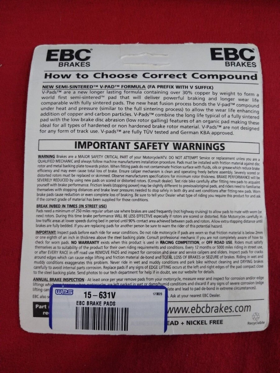NEW EBC V-Pad Semi Sintered Brake Pads FA631V / 15-631V