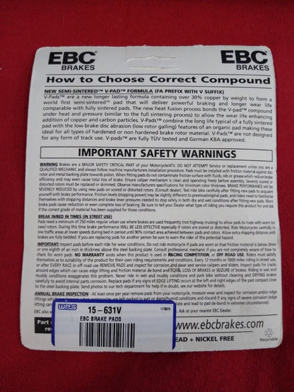 NEW EBC V-Pad Semi Sintered Brake Pads FA631V / 15-631V