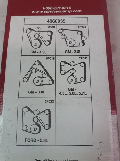 NEW SERVICE CHAMP Serpentine Belt 935K6/ 6PK2375