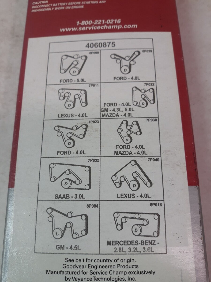 NEW SERVICE CHAMP Serpentine Belt 875K6/ 6PK2225