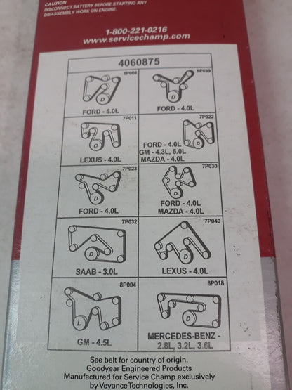 NEW SERVICE CHAMP Serpentine Belt 875K6/ 6PK2225