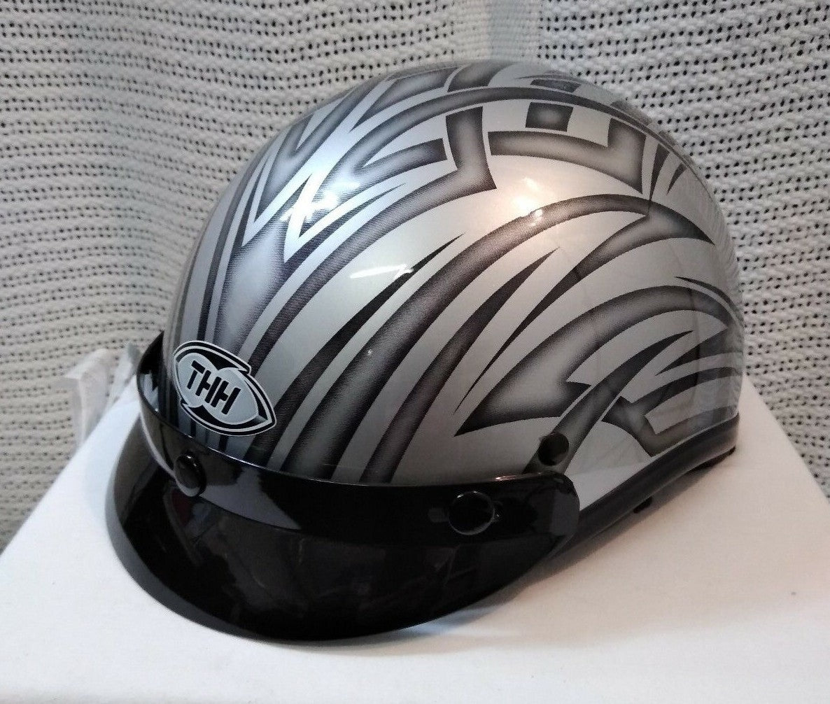 NEW THH Beanie Helmet T-69 / DOT Approved / Silver w/ Black Tribal / Size:S