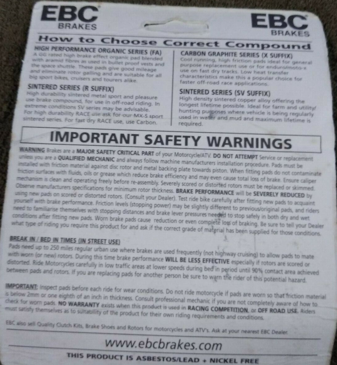 NEW EBC Brakes for Motorcycle / ATV / High Performance / Organic / FA69/3