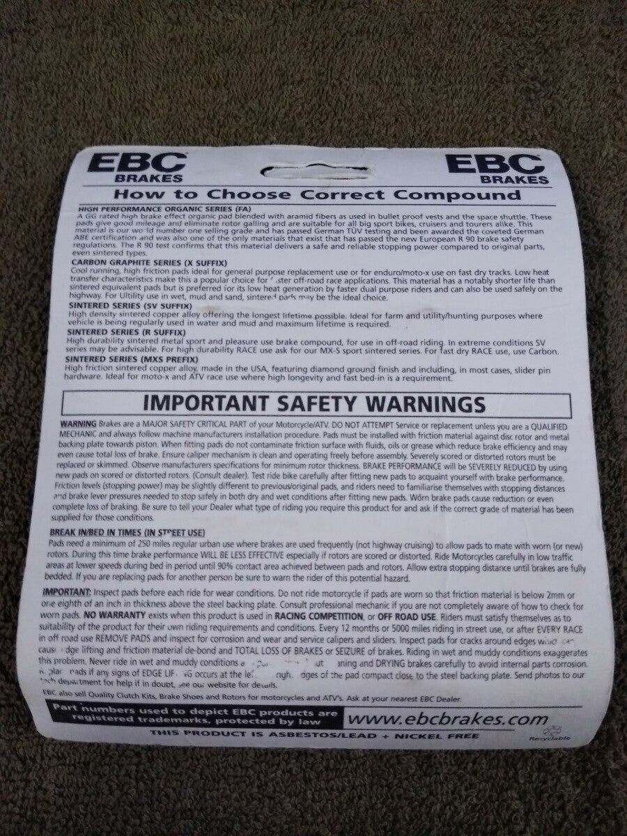 NEW EBC Brakes for Motorcycle / ATV / High Performance / Organic / FA88