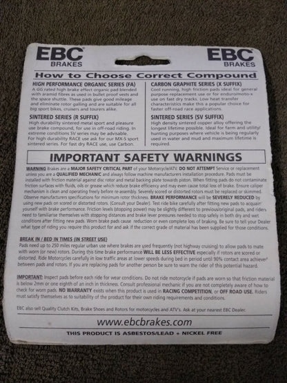 NEW EBC Brakes for Motorcycle / ATV / High Performance / Organic / FA194
