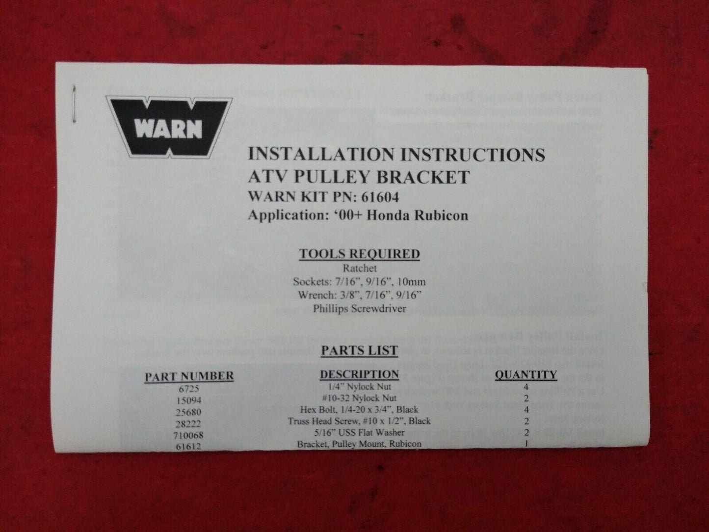 NEW WARN Honda Rubicon ATV Pulley Bracket 61604 / M91-81004