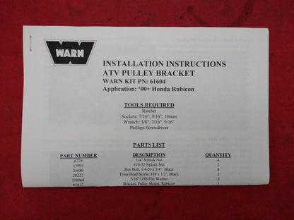 NEW WARN Honda Rubicon ATV Pulley Bracket 61604 / M91-81004