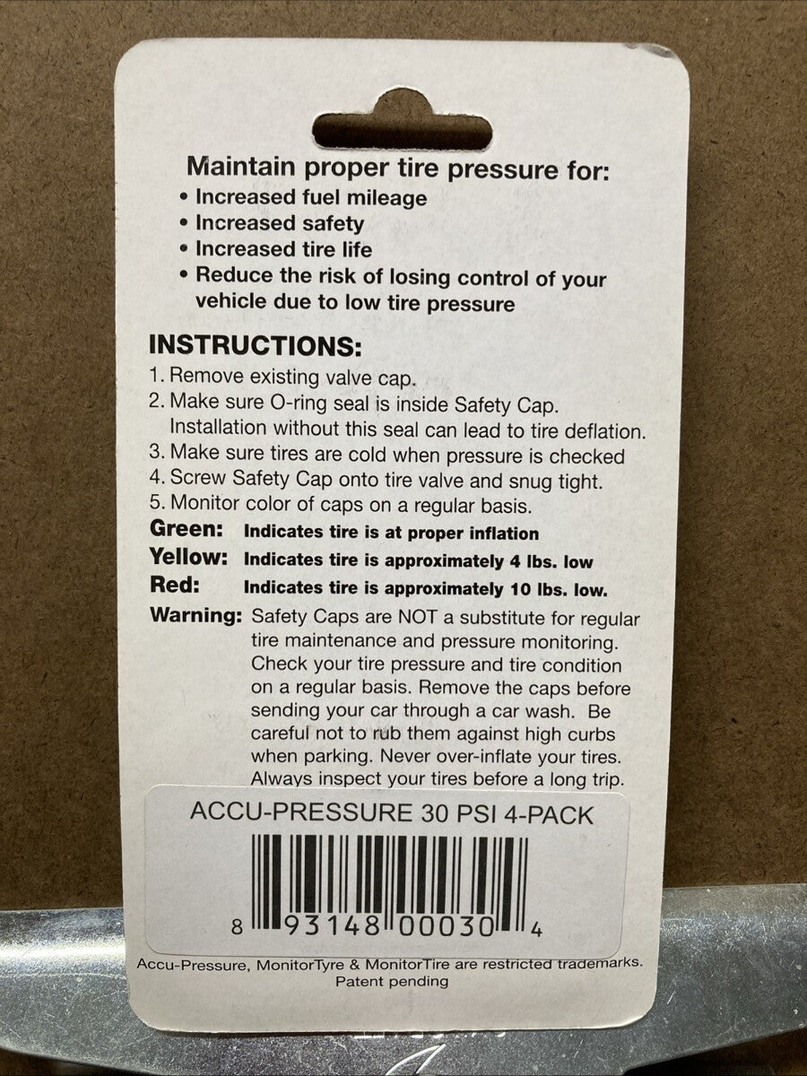 NEW Accu-Pressure Safety Tire Caps, Set of 4 (30 psi) / 9314800060