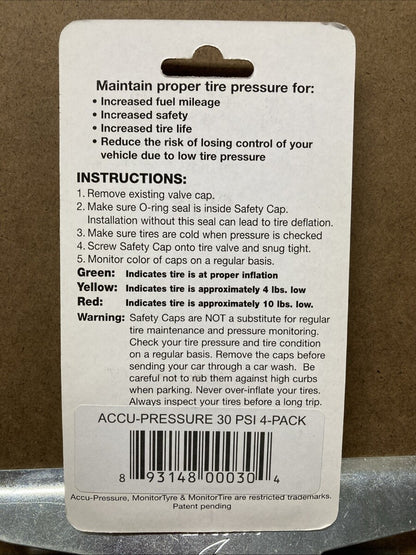 NEW Accu-Pressure Safety Tire Caps, Set of 4 (30 psi) / 9314800060