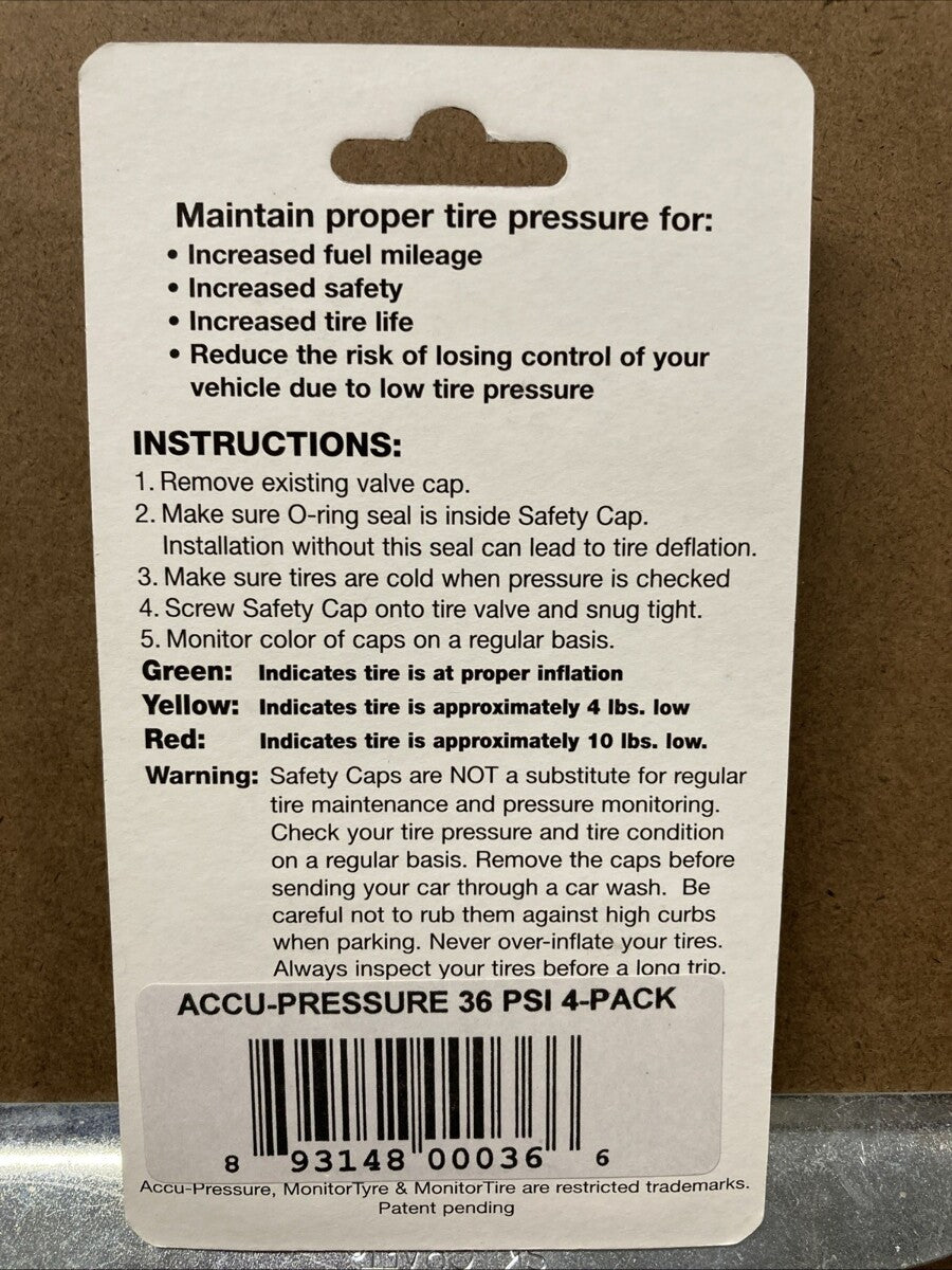 NEW Accu-Pressure Safety Tire Caps, Set of 4 (36 psi) / 9314800060