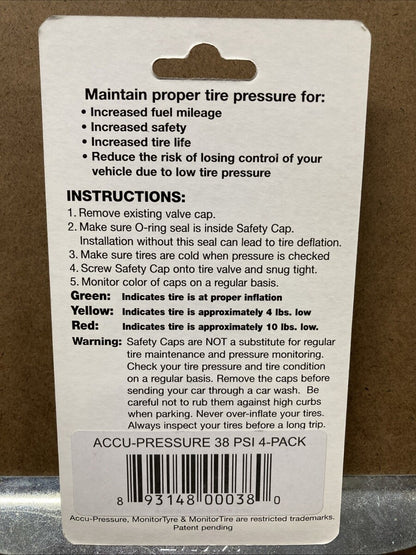 NEW Accu-Pressure Safety Tire Caps, Set of 4 (38 psi) / 9314800060
