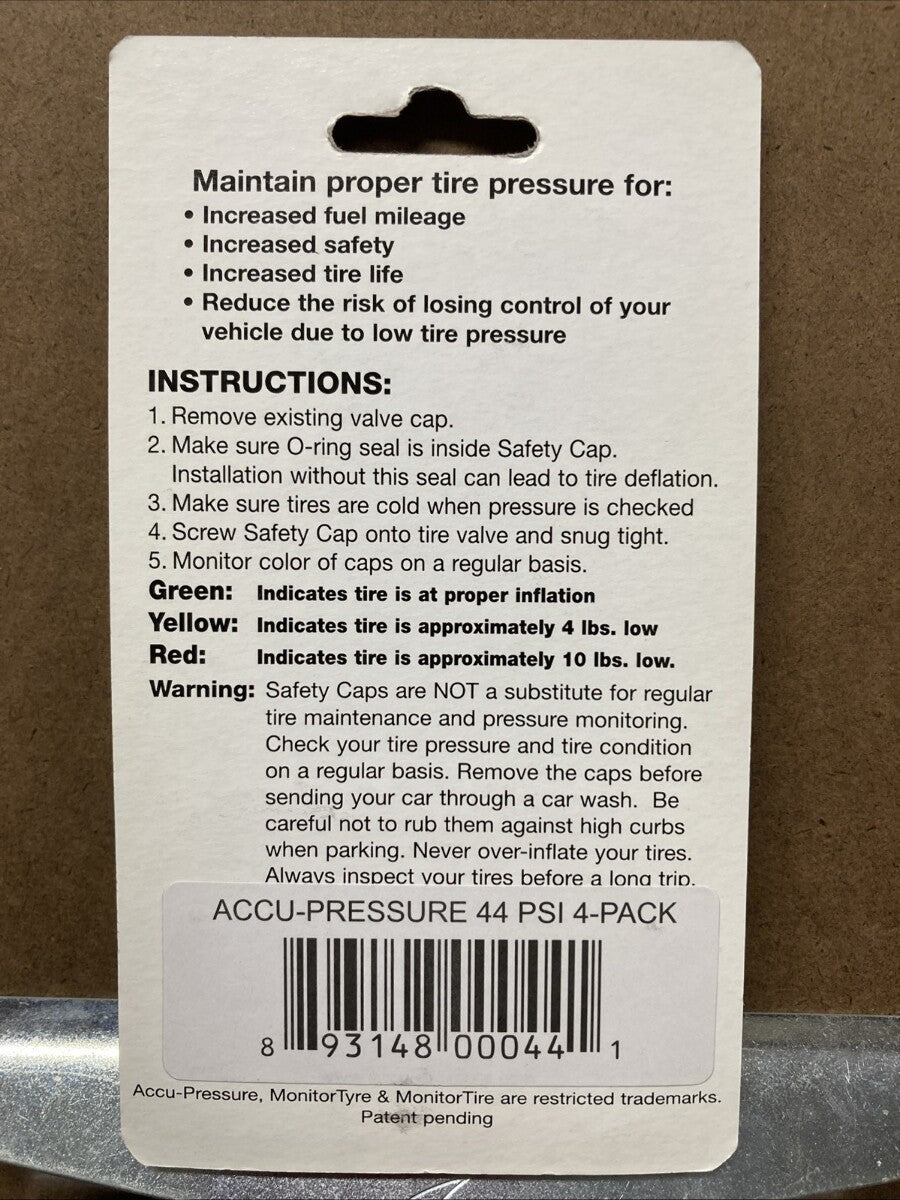NEW Accu-Pressure Safety Tire Caps, Set of 4 (44 psi) / 9314800060