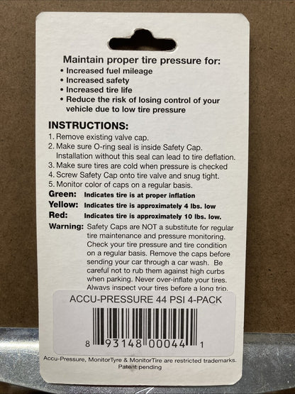 NEW Accu-Pressure Safety Tire Caps, Set of 4 (44 psi) / 9314800060