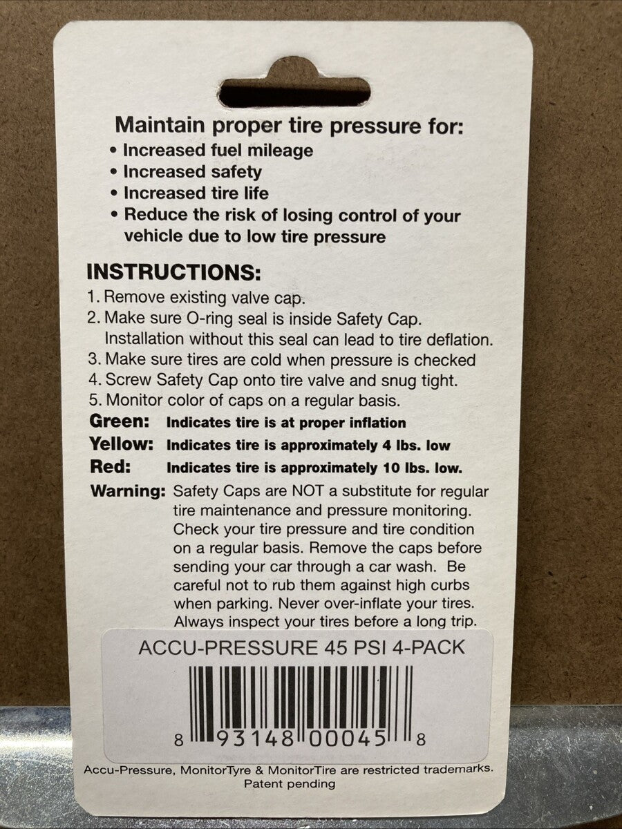 NEW Accu-Pressure Safety Tire Caps, Set of 4 (45 psi) / 9314800060