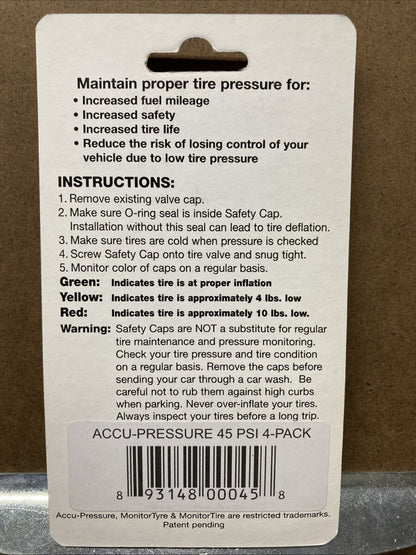 NEW Accu-Pressure Safety Tire Caps, Set of 4 (45 psi) / 9314800060