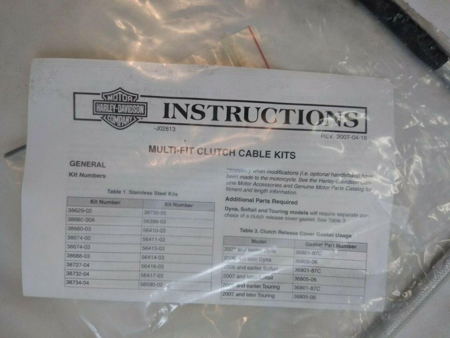 NEW Harley Davidson Diamond Back Clutch Cable / 38812-07