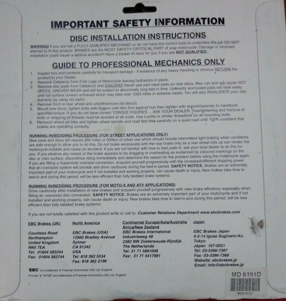 NEW EBC Brakes Brake Rotor / Honda 450 / MD 6191 D / ATV / Quad