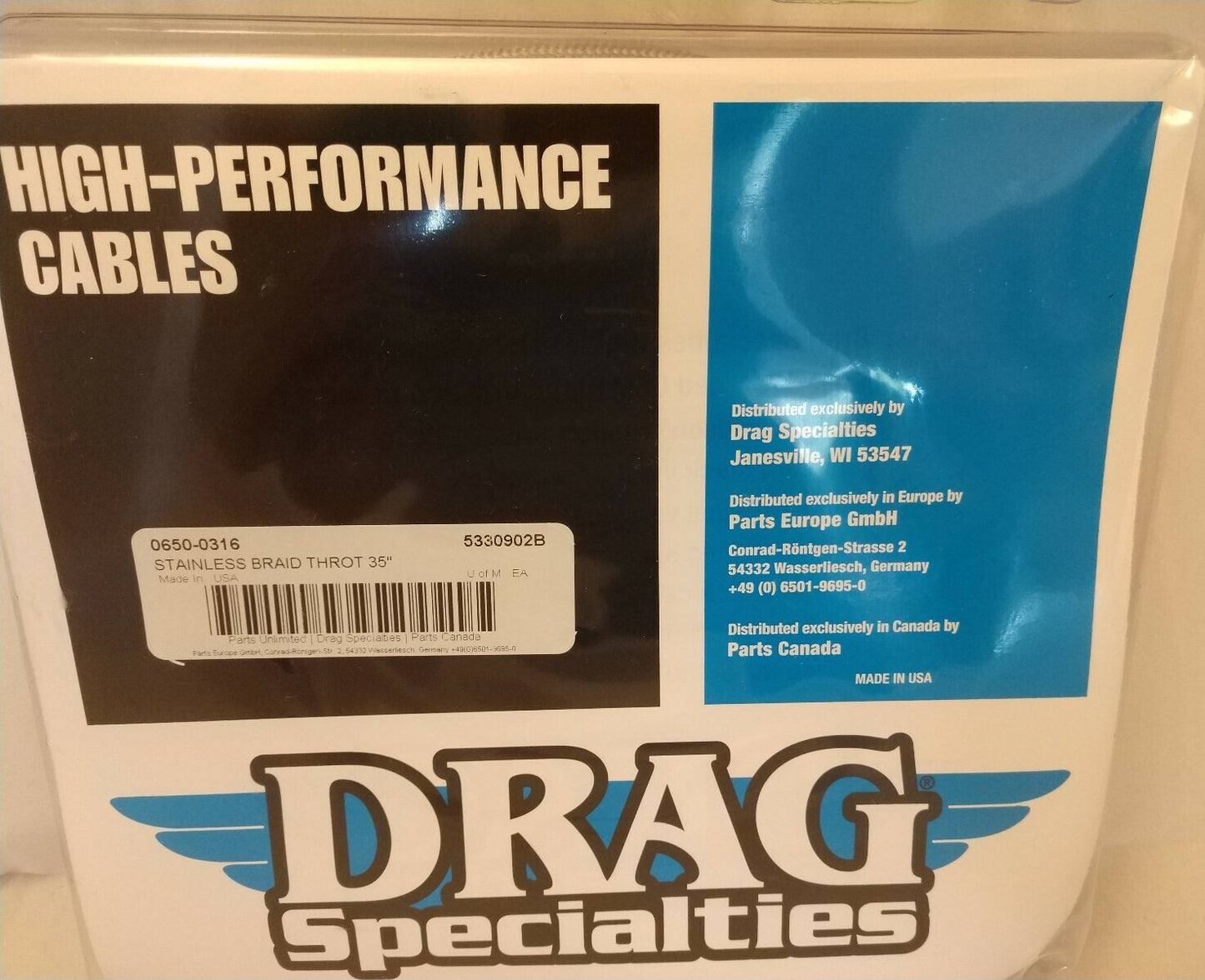 New Drag Specialties Stainless Braid Throttle Cable 35" P/N 5330902B / 0650-0316
