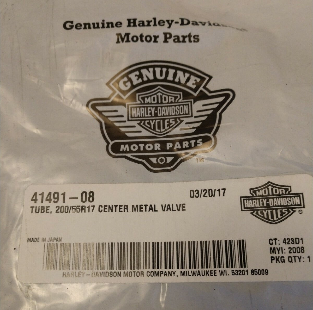 NEW Genuine HARLEY DAVIDSON Tube, 200/55R17 Center Metal Valve / 41491-08