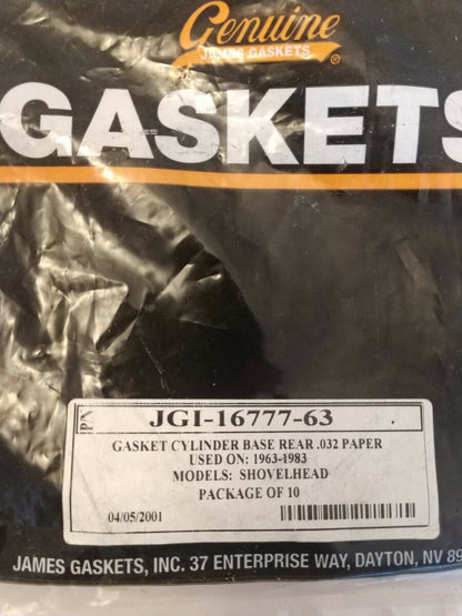 Lot of 2 NEW GENUINE James Gaskets, Cylinder Base Rear .032 Paper / JGI-16777-63