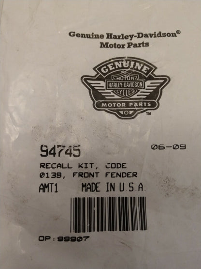 NEW GENUINE Harley Davidson Recall Kit, Code 0139, Front Fender / 94745