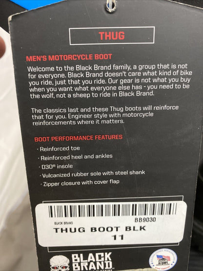 NEW Black Brand Men's Thug Boot 12-Inch Leather Black Boots BB9030 Sz11 Zip Side