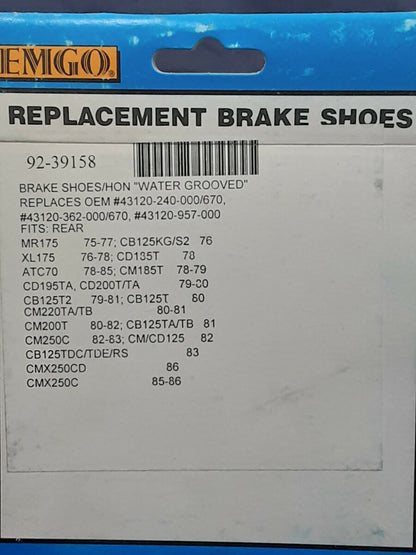 NEW EMGO REAR BRAKE SHOES 92-39158 HONDA MR175 CB125 XL175 CD185 ATC70