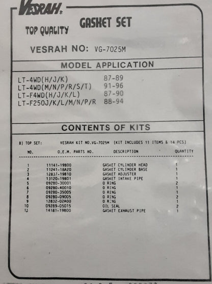 NEW VESRAH VG-7025M SUZUKI TOP END GASKET KIT LT-4WD LT-F4WD LT-F250J 1987-94