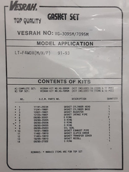 NEW VESRAH VG-7095M SUZUKI TOP END GASKET KIT LT250 LT-F4WDX (M/N/P) 1991-93