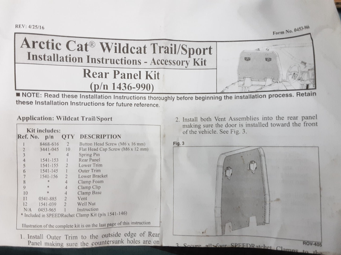 NEW GENUINE ARTIC CAT 1436-990 REAR PANEL KIT (NO GLASS) WILDCAT TRAIL/ SPORT
