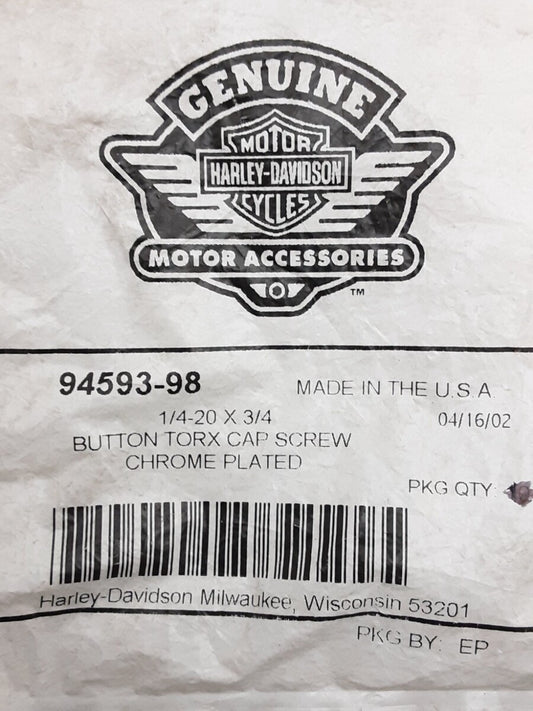 NEW GENUINE HARLEY DAVIDSON 94593-98 QTY 4 1/4"-20 x 3/4" Button Torx Cap Screw