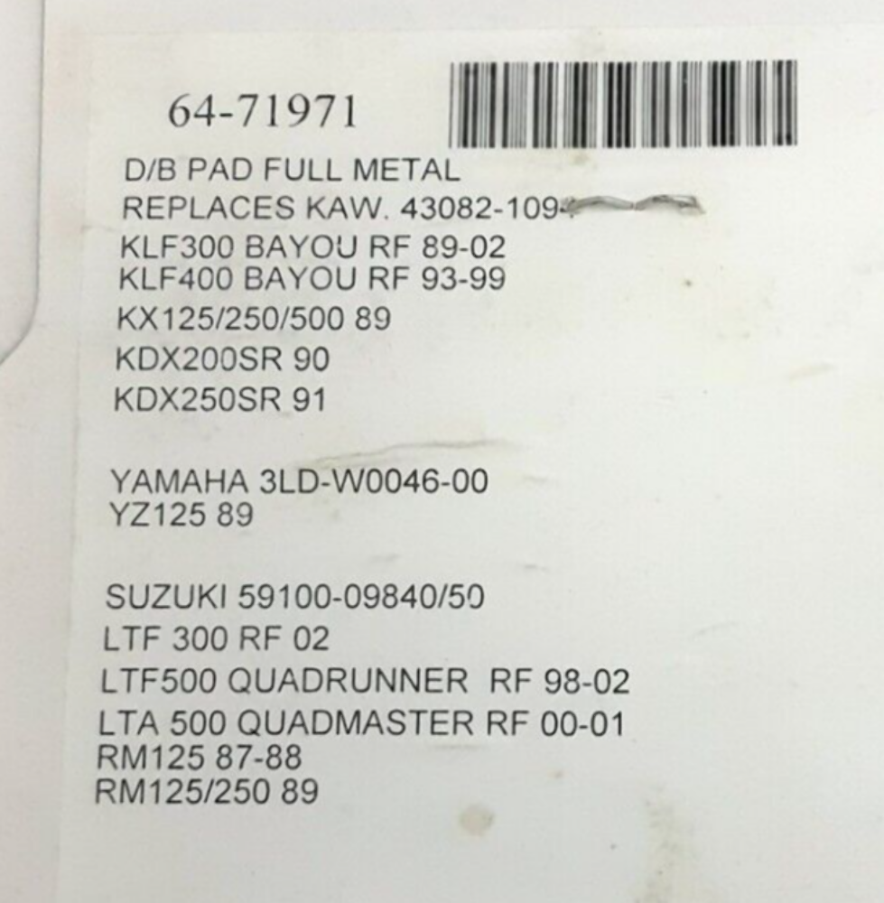 NEW GENUINE J&M 64-71971 FULL METAL BREAK PAD BAYOU KLF300 QUADRUNNER LTF500