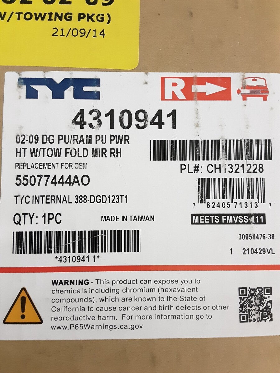NEW TYC 4310941 RH Power Towing Mirror Heated, Foldaway Dodge Ram 3500 05-09