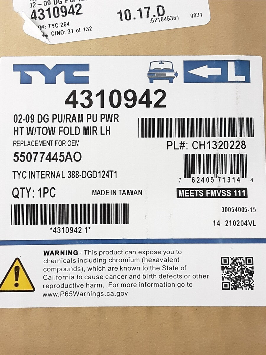 NEW TYC 4310942 LH Power Towing Mirror Heated, Foldaway Dodge Ram 3500 05-09