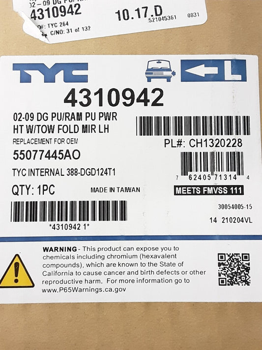 NEW TYC 4310942 LH Power Towing Mirror Heated, Foldaway Dodge Ram 3500 05-09