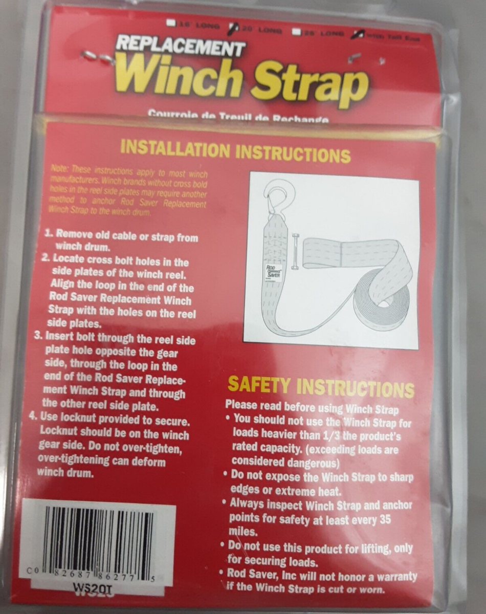 NEW ROD SAVER WS20T REPLACEMENT WINCH STRAP 2"X20' W/TAIL END 5000LBS