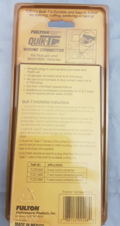 NEW FULTON QUICK-T TC316-0600 WIRING CONNECTOR FORD PICKUP 87
